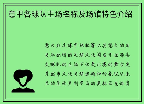 意甲各球队主场名称及场馆特色介绍