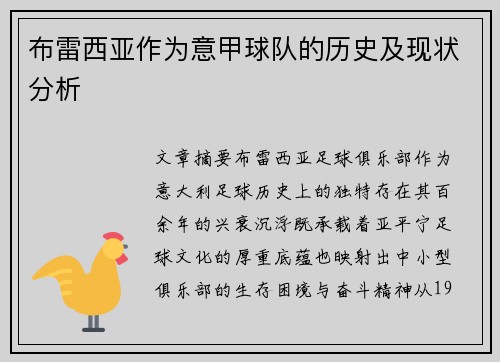 布雷西亚作为意甲球队的历史及现状分析