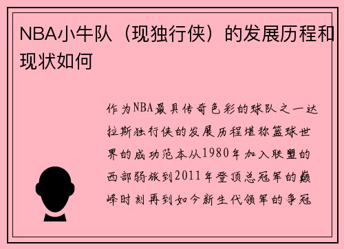NBA小牛队（现独行侠）的发展历程和现状如何